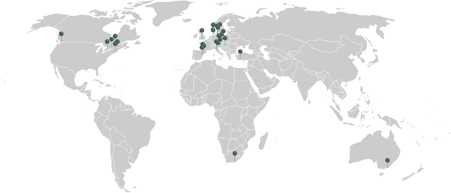 Map showing institutions actively using Heka VR across Europe and North America