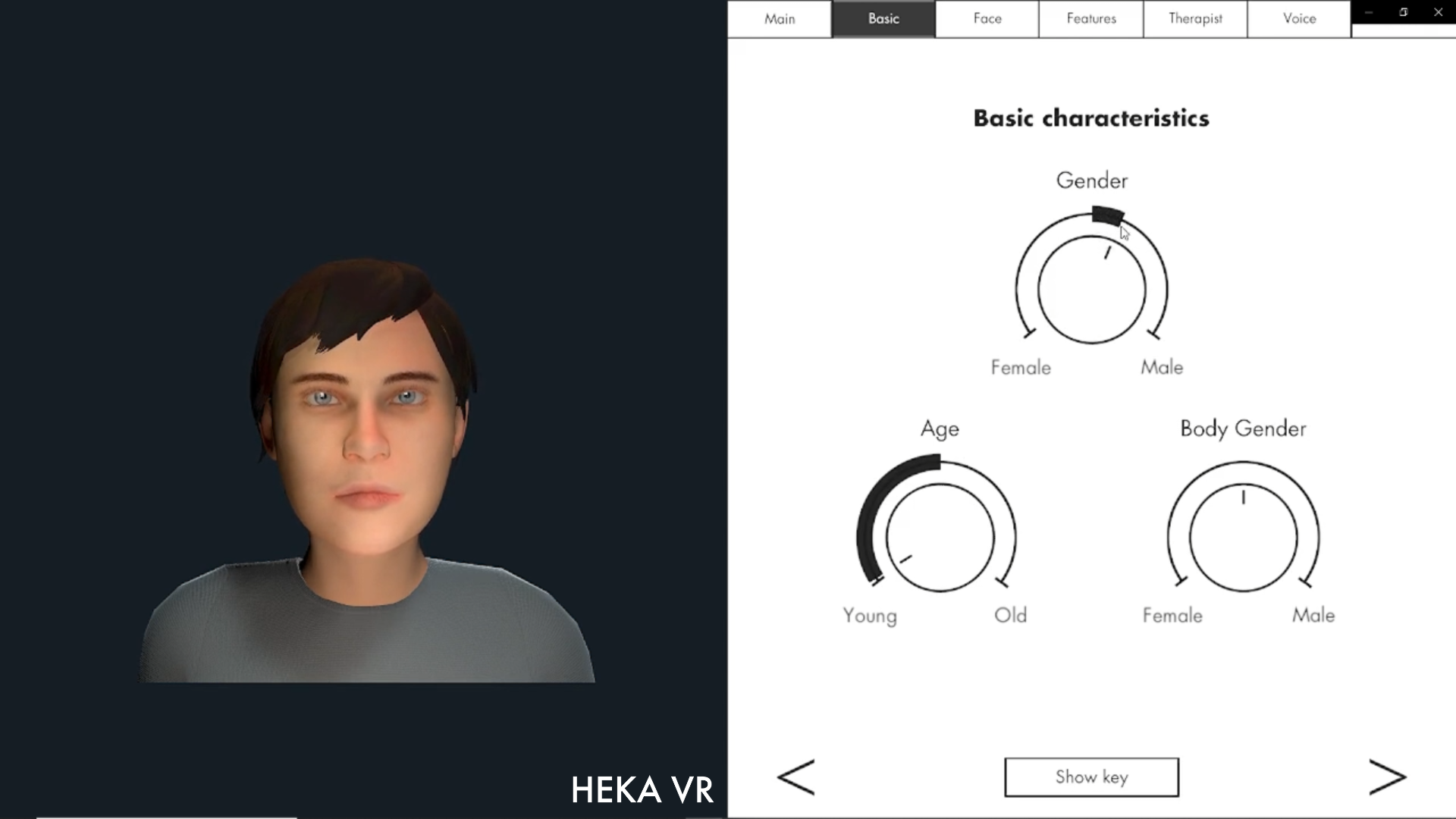 Heka VR avatar editor showing the basic characteristics panel with dial controls for gender, age and body gender alongside a live 3D preview of the avatar