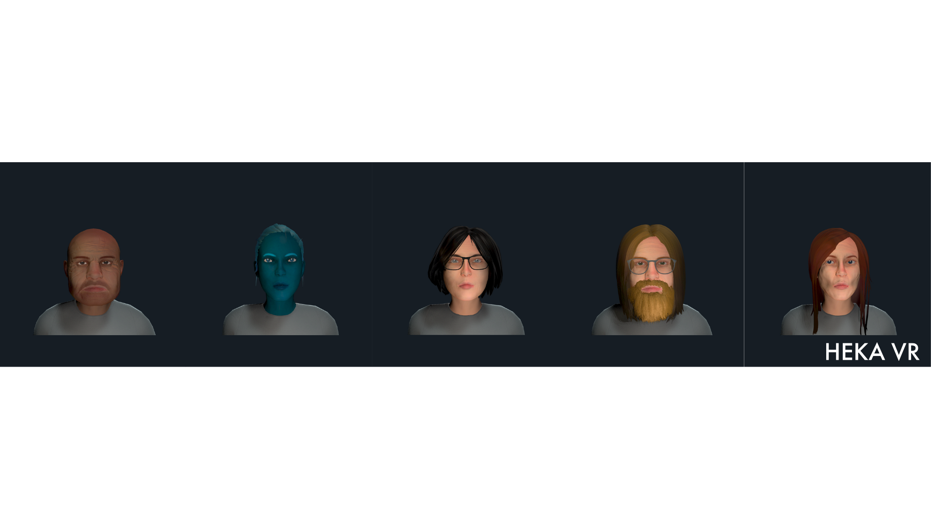 A gallery of five avatar variations rendered in the Heka VR platform, ranging from realistic human likenesses to a non-human teal-skinned character