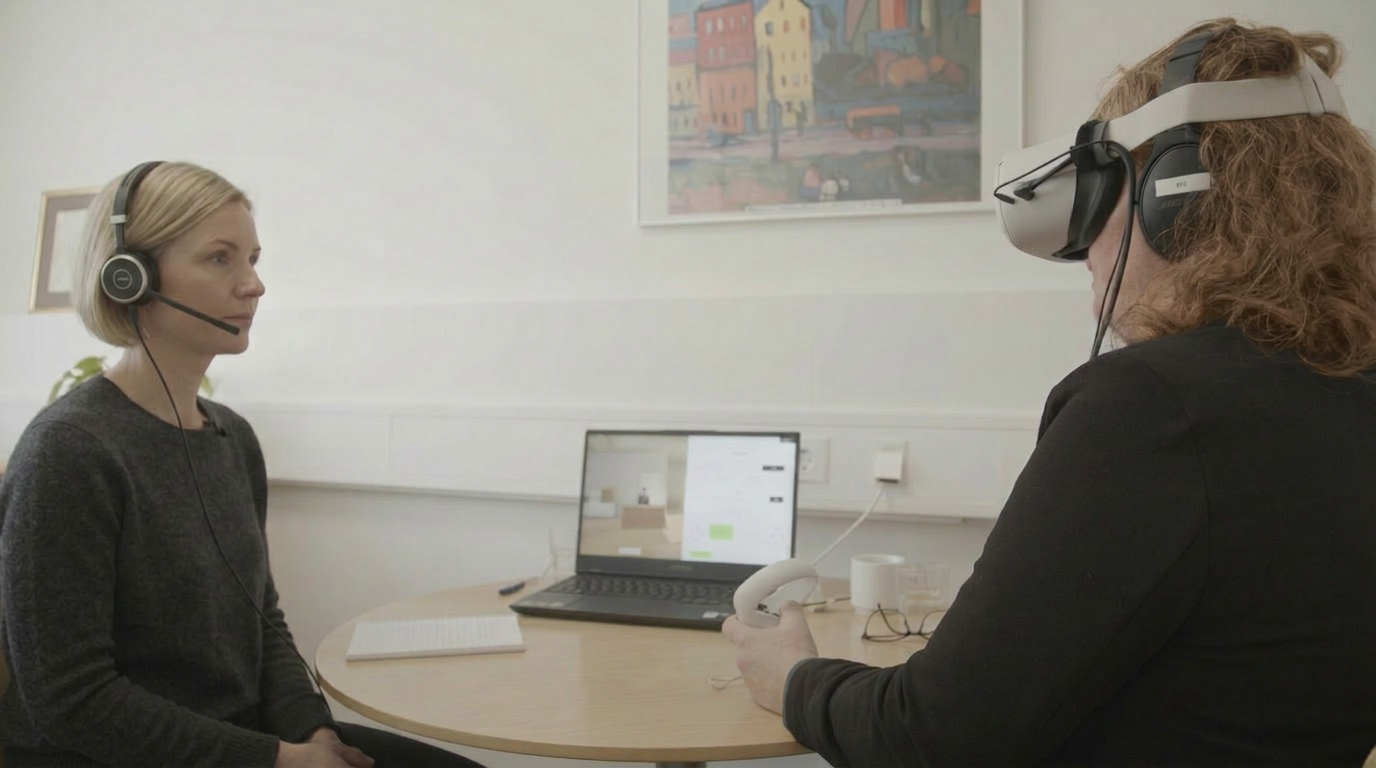A clinician at a laptop running the Heka VR software while a patient wearing a VR headset and holding a controller sits across the table